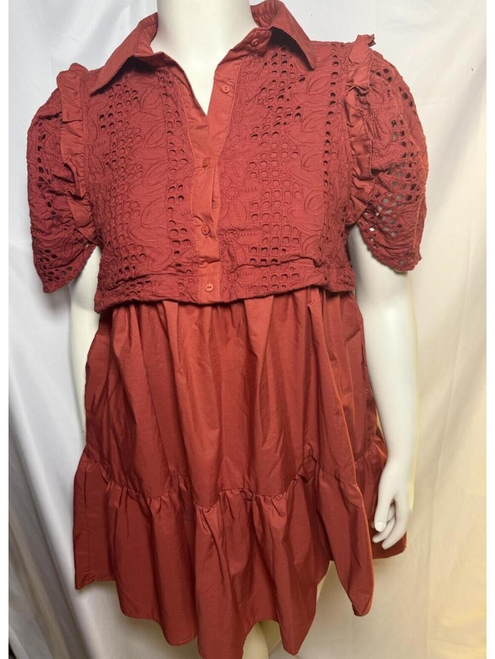Entro Mini Dress Eyelet Puff Sleeve Tiered Cottagecore Red Women's Medium